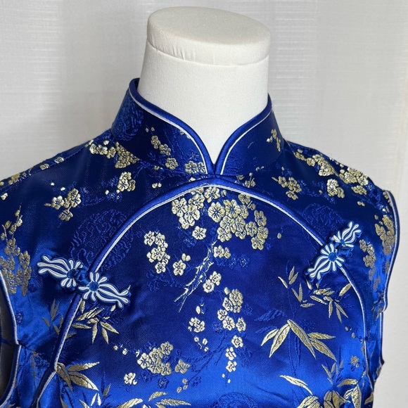 Vintage Royal Blue & Gold Floral Brocade Cheongsam Qipao Dress. - Picture 9 of 11